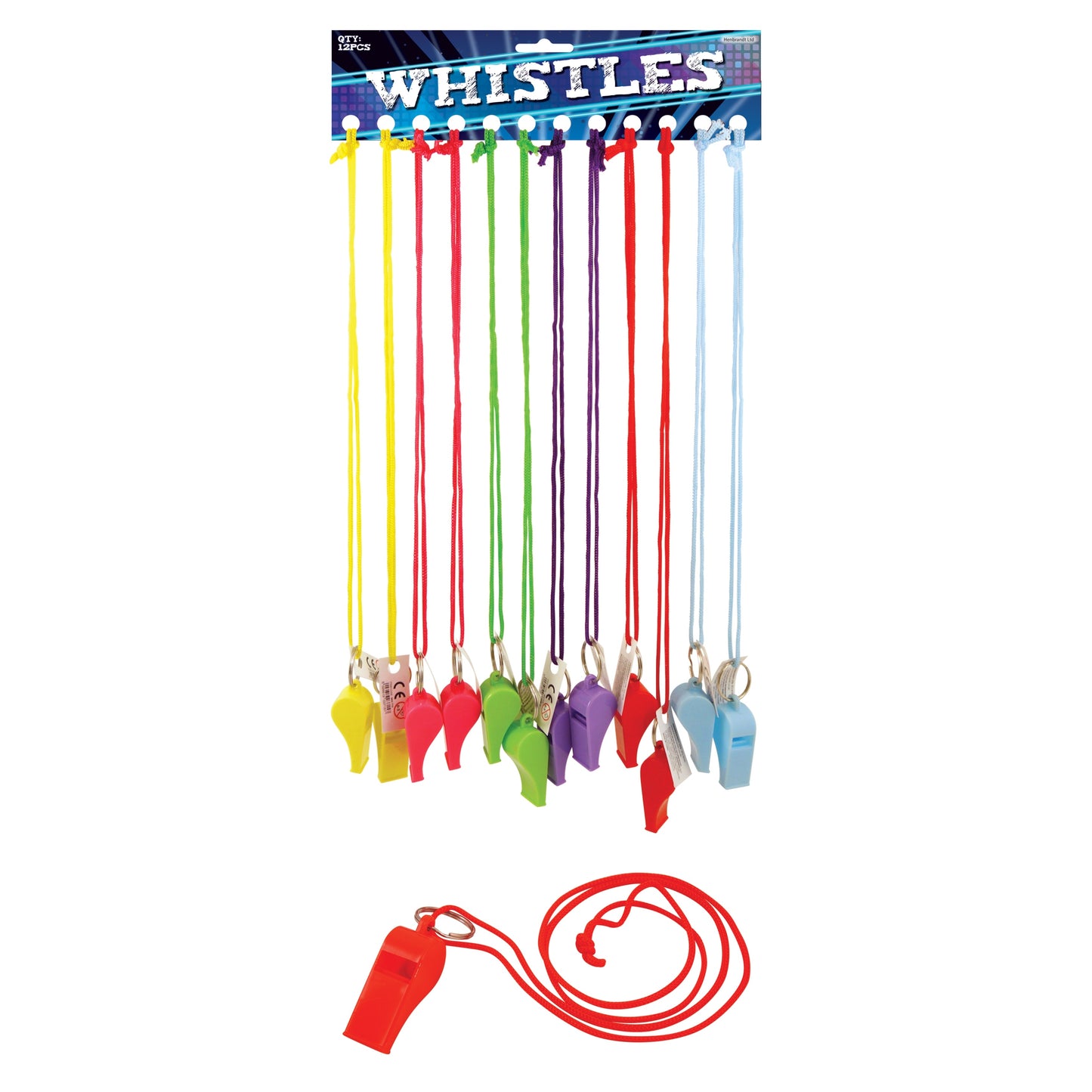 Pack of 12 Plastic Whistle 5.5cm Assorted Neon Colours With Cord