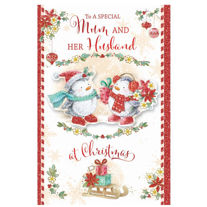 To a Special Mum and Her Husband Bears In Hat and Scarf Design Christmas Card