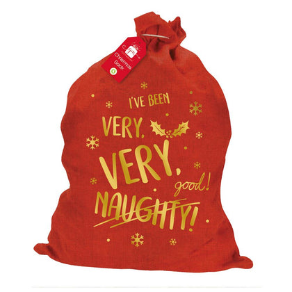 Red Christmas Hessian Sack With Gold Print & Cord