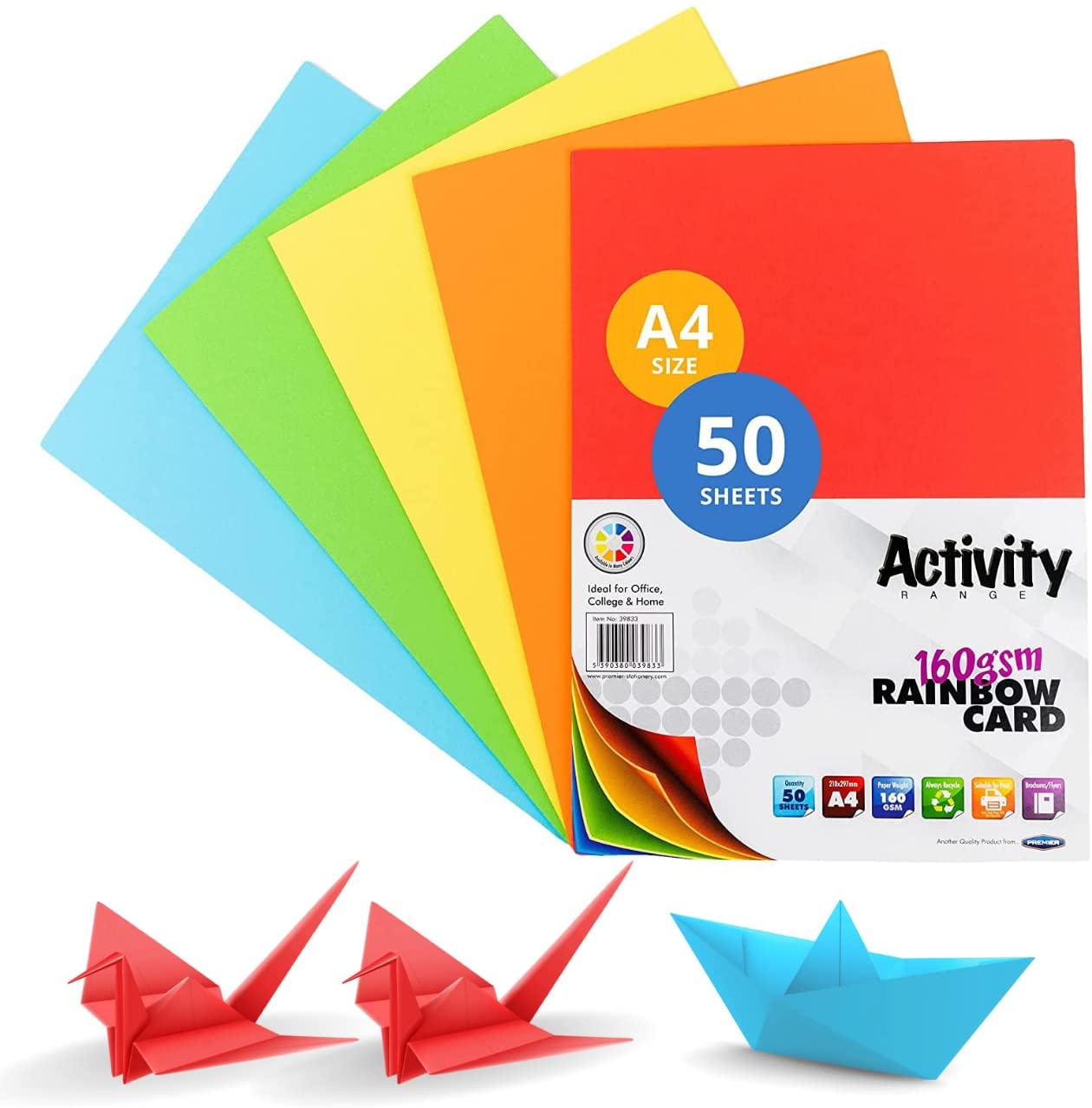 Pack of 50 Sheets A4 Assorted Rainbow Colour 160gsm Card by Premier Activity