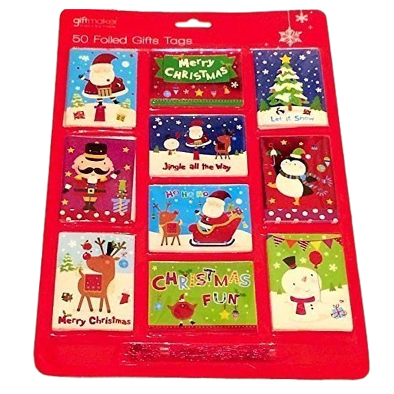 Pack Of 50 Foiled Christmas Gift Tags with Red Metallic Thread