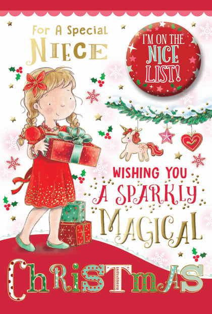 For a Special Niece Sparkly Magical Christmas Card with Badge