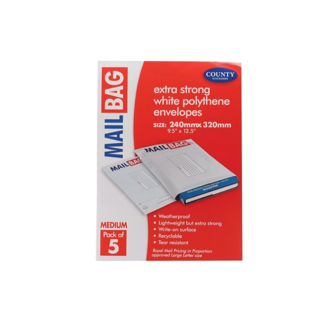 Pack of 5 Medium Strong Polythene Mail Bag Envelopes 240 x 320mm