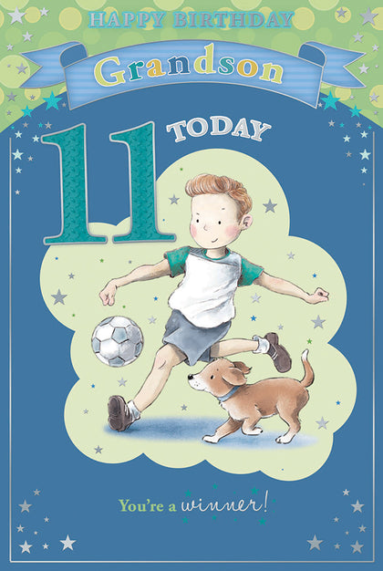 Boy & Dog With Football Grandson Candy Club Birthday Card