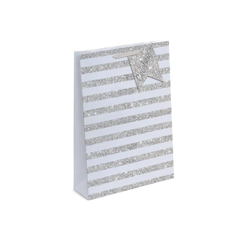 Pack of 12 Celebrate Silver Stripe Glitter Design Large Gift Bags
