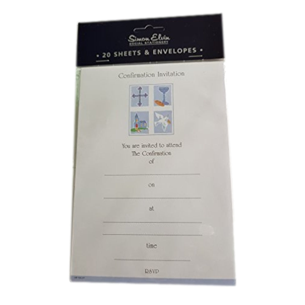 20 Simon Elvin Blue Cross/Church/cup/Doves Invitations with Envelopes