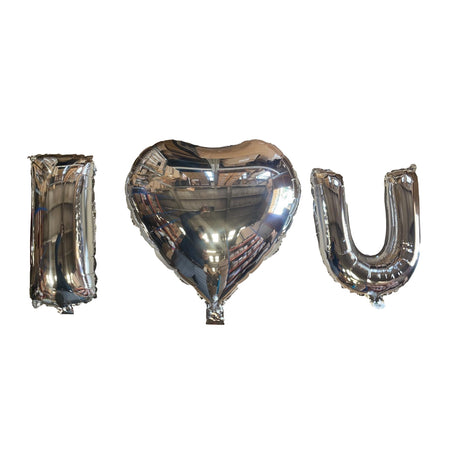 Silver I 'Love Heart' U Foil Balloons With Ribbon and Straw for Inflating