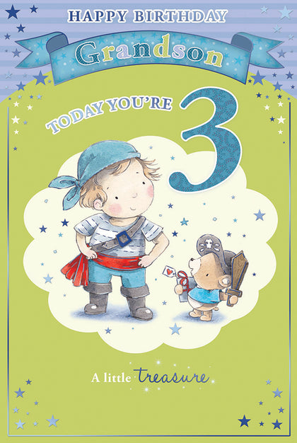 Today You're 3 Little Boy and Bear Design Grandson Candy Club Birthday Card