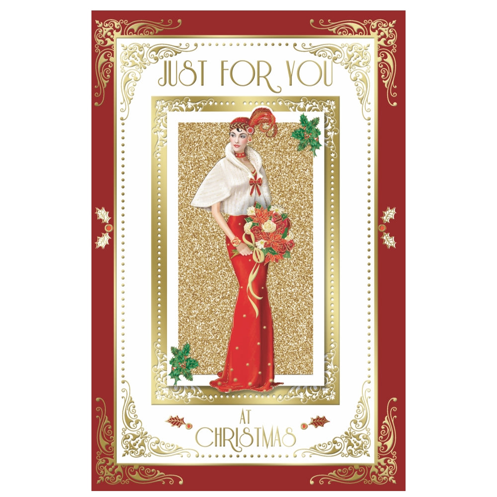 Just For You Elegant Woman Holding Flowers Design Christmas Card