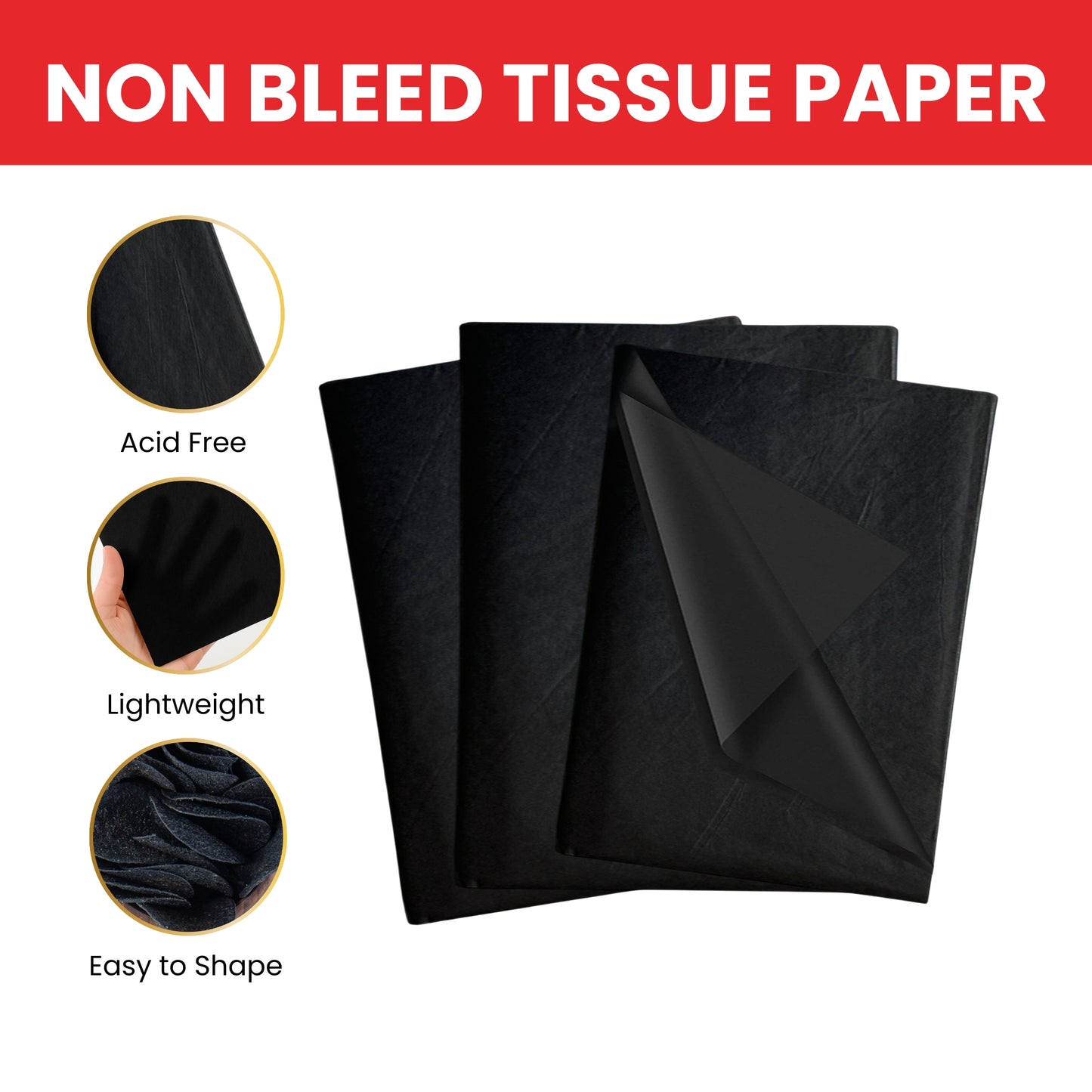 Pack of 180 Black Acid Free 50 x 70cm Tissue Paper Sheets
