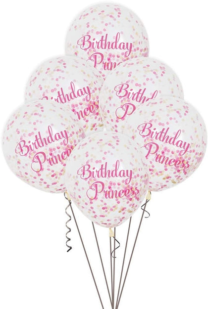 Pack of 6 Pink Princess Clear Latex Balloons with Confetti 12