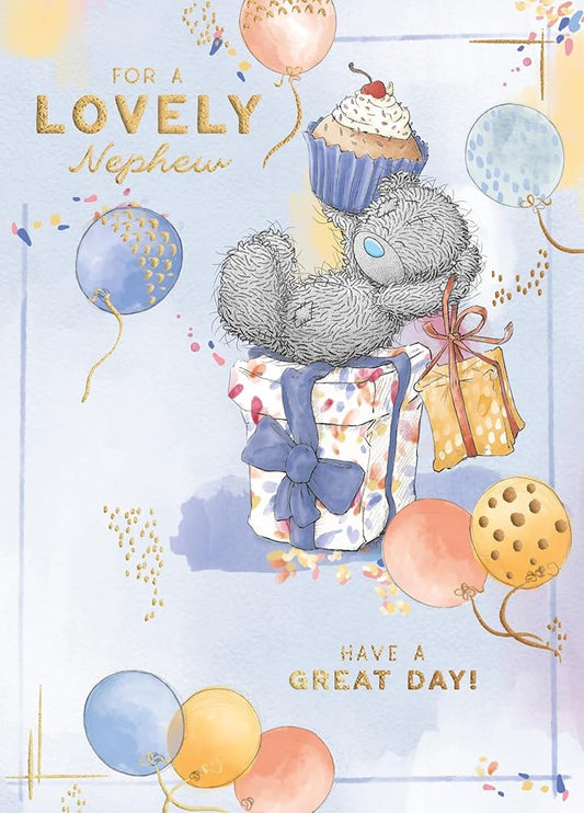 Bear Sat On Gift With Cupcake Nephew Birthday Card