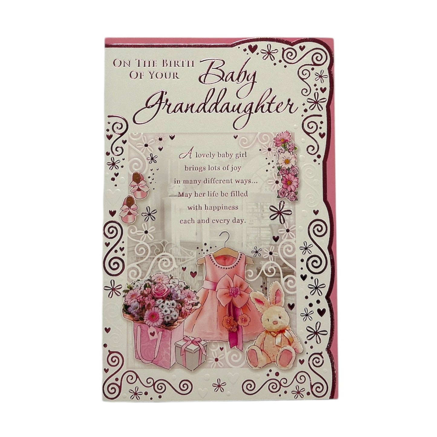On The Birth Of Granddaughter Pink Dress And Teddy Design Opacity Congratulations Card