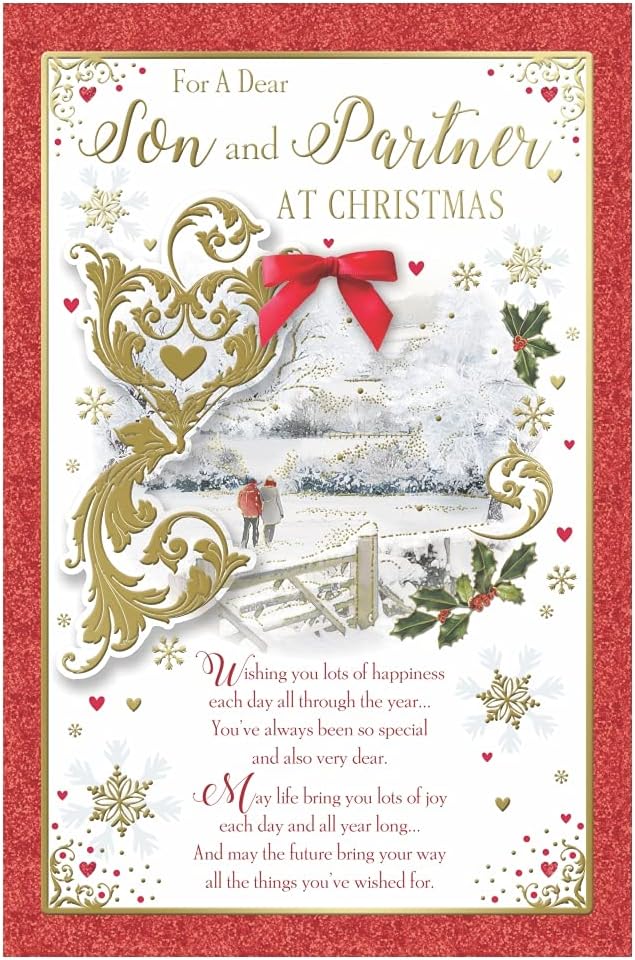 For a Dear Son and Partner Couple Walking in Winter Wonderland Design Christmas Card 