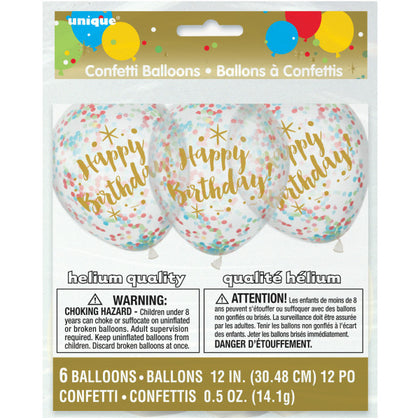 Pack of 6 Glitzy Gold Birthday Clear Latex Balloons with Confetti 12