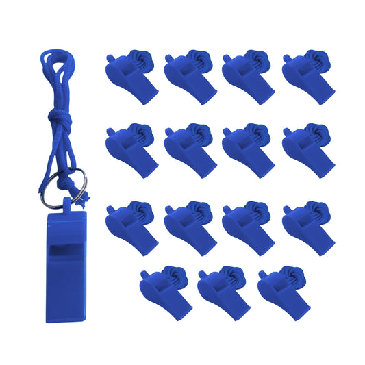 Pack of 50 Blue Plastic Whistles with Lanyard Neck Cord