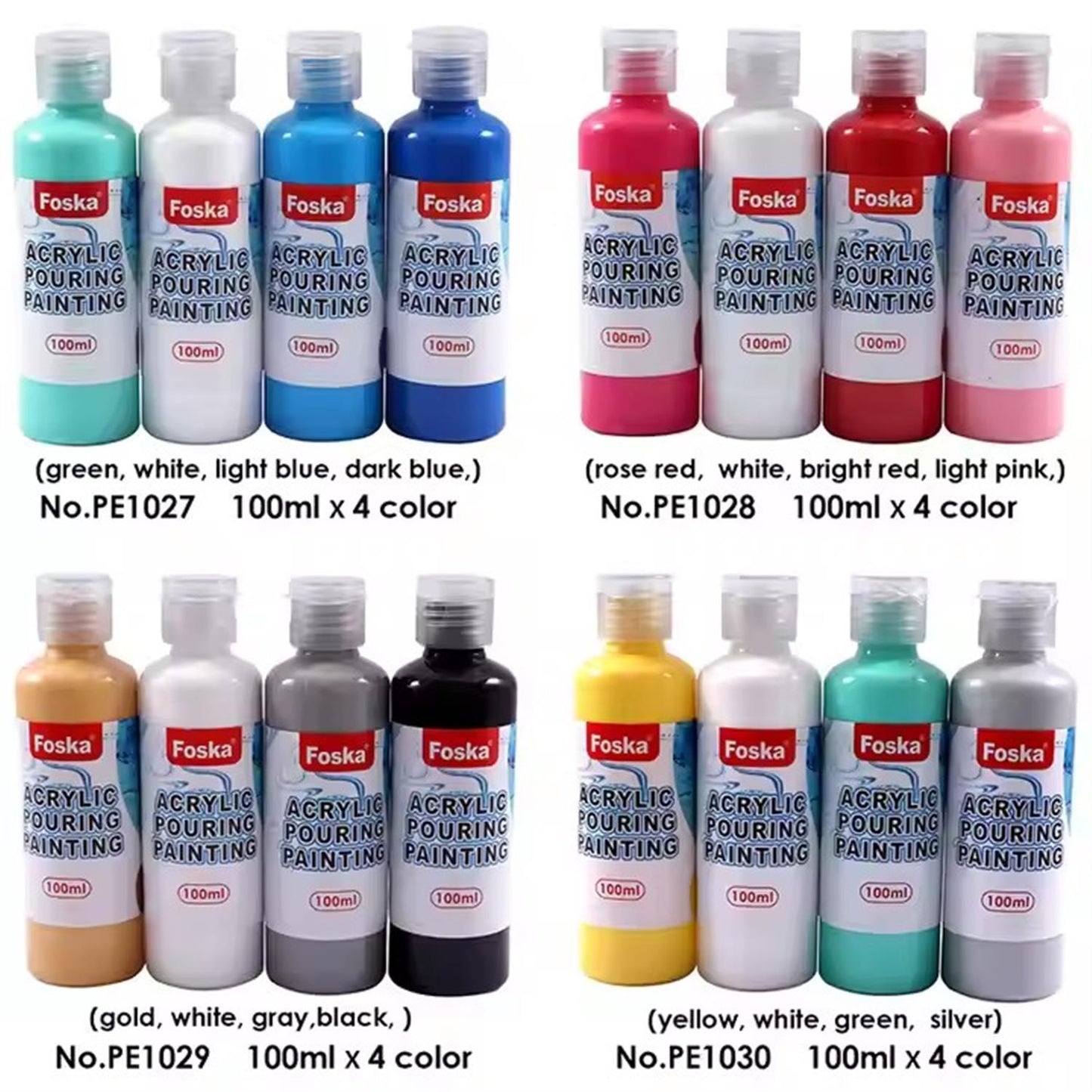 Pack of 4 Acrylic Pouring Paints 100ml - White, Yellow, Green, Silver