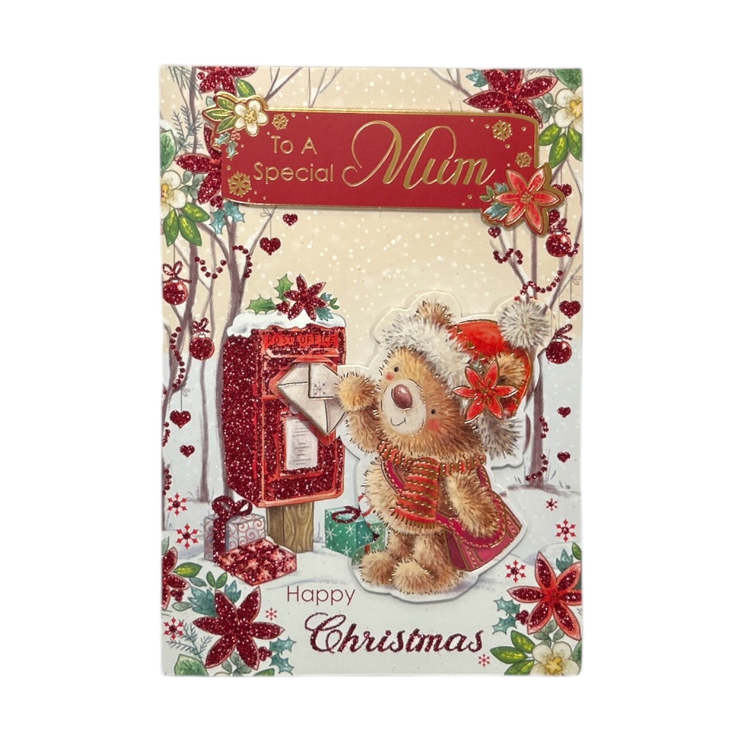 To a Special Mum Teddy At Mail Box Design Christmas Card