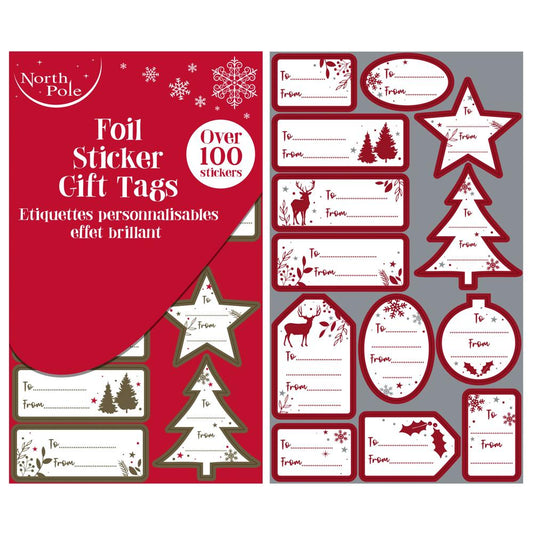 Pack of 100 Christmas Contemporary Foil Gift Sticker Tags