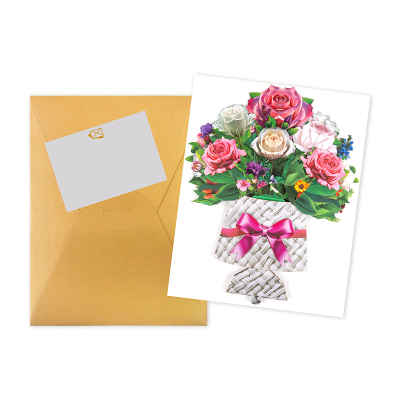 Pink And White Rose Bouquet in Basket Design 3D Pop Up Card