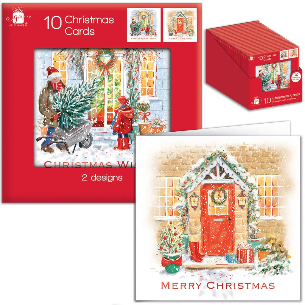 Pack of 12 Front Door Scence Square Christmas Cards With Envelope