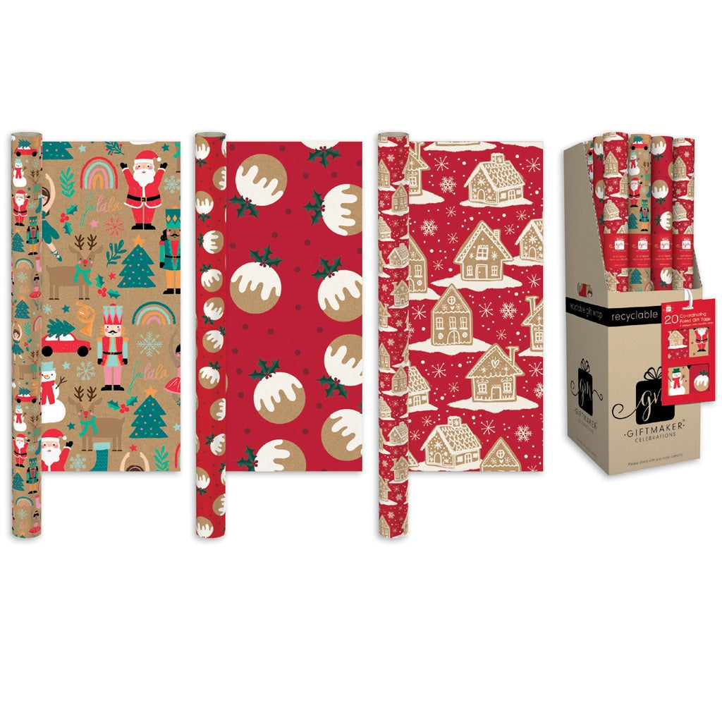 Single Festive Kraft Christmas Gift Wrapping Paper 2m x 69cm