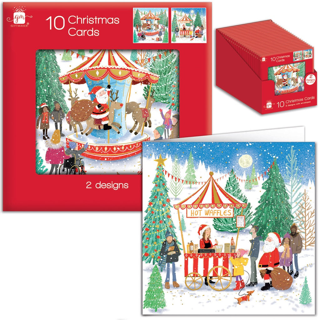 Pack of 10 Whimsical Market Design Square Christmas Cards With Envelopes