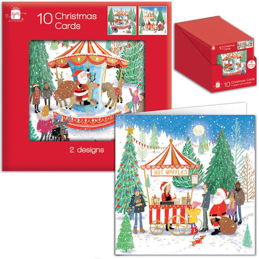 Pack of 10 Whimsical Market Design Square Christmas Cards With Envelopes