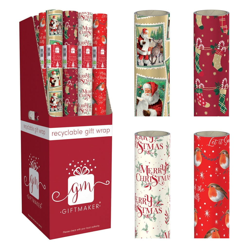 Pack of 4 Vintage Santa Claus Christmas Wrapping Paper Rolls 7m x 69cm