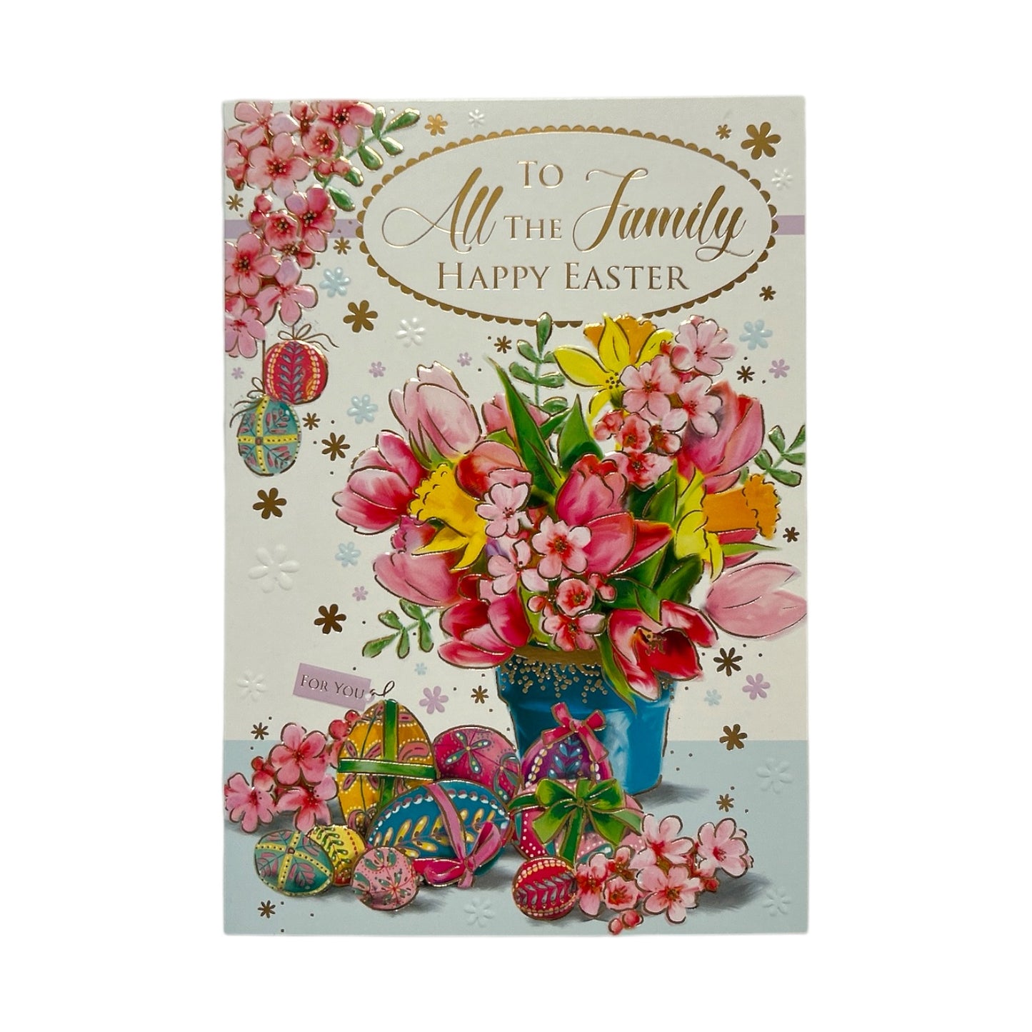 To All The Family Beautiful Flower Pot With Eggs Design Easter Card