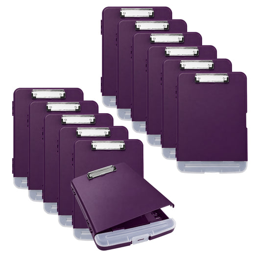 Pack of 12 A4 Purple Plastic Clipboard Box Files With Pencil Holder - Storage Filing Case