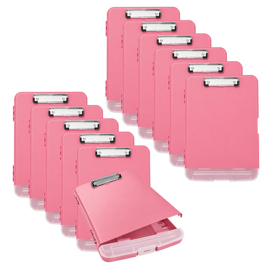 Pack of 12 A4 Pink Plastic Clipboard Box Files With Pencil Holder - Storage Filing Case