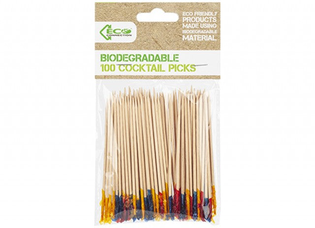 Pack of 100 ECO Friendly Colour Tips Bamboo Cocktail Picks