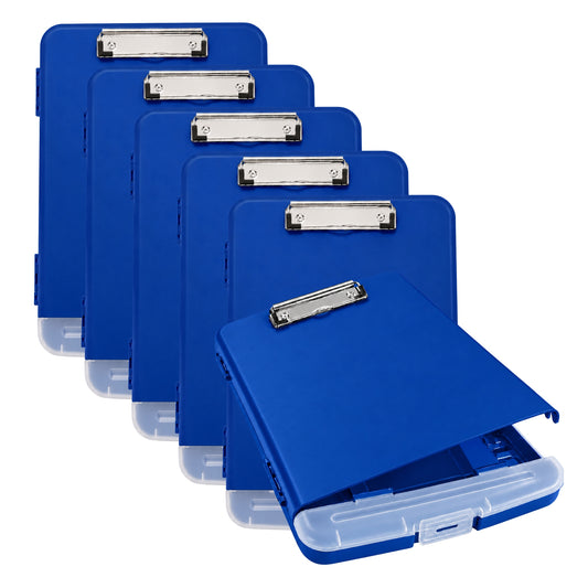 Pack of 6 A4 Blue Plastic Clipboard Box Files With Pencil Holder - Storage Filing Case