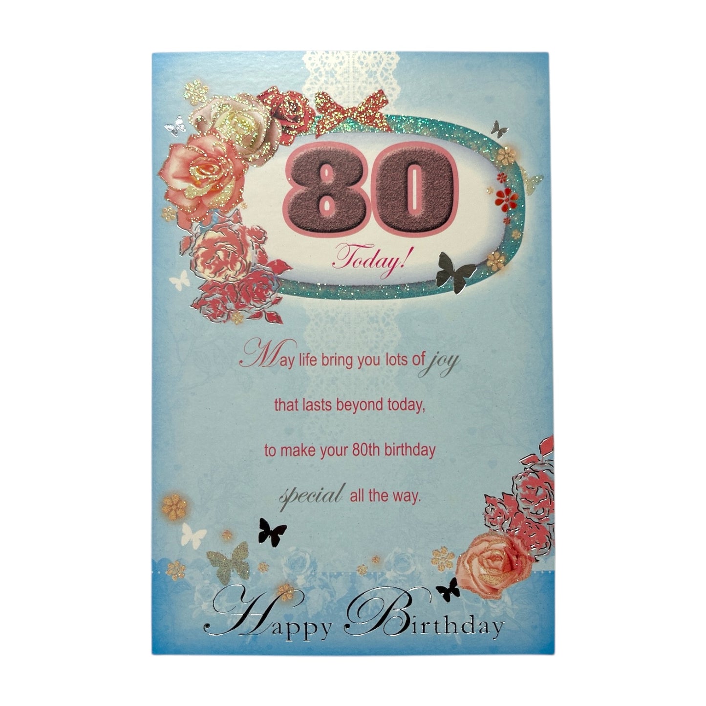 Age 80 Floral Design Soft Blue Birthday Card 