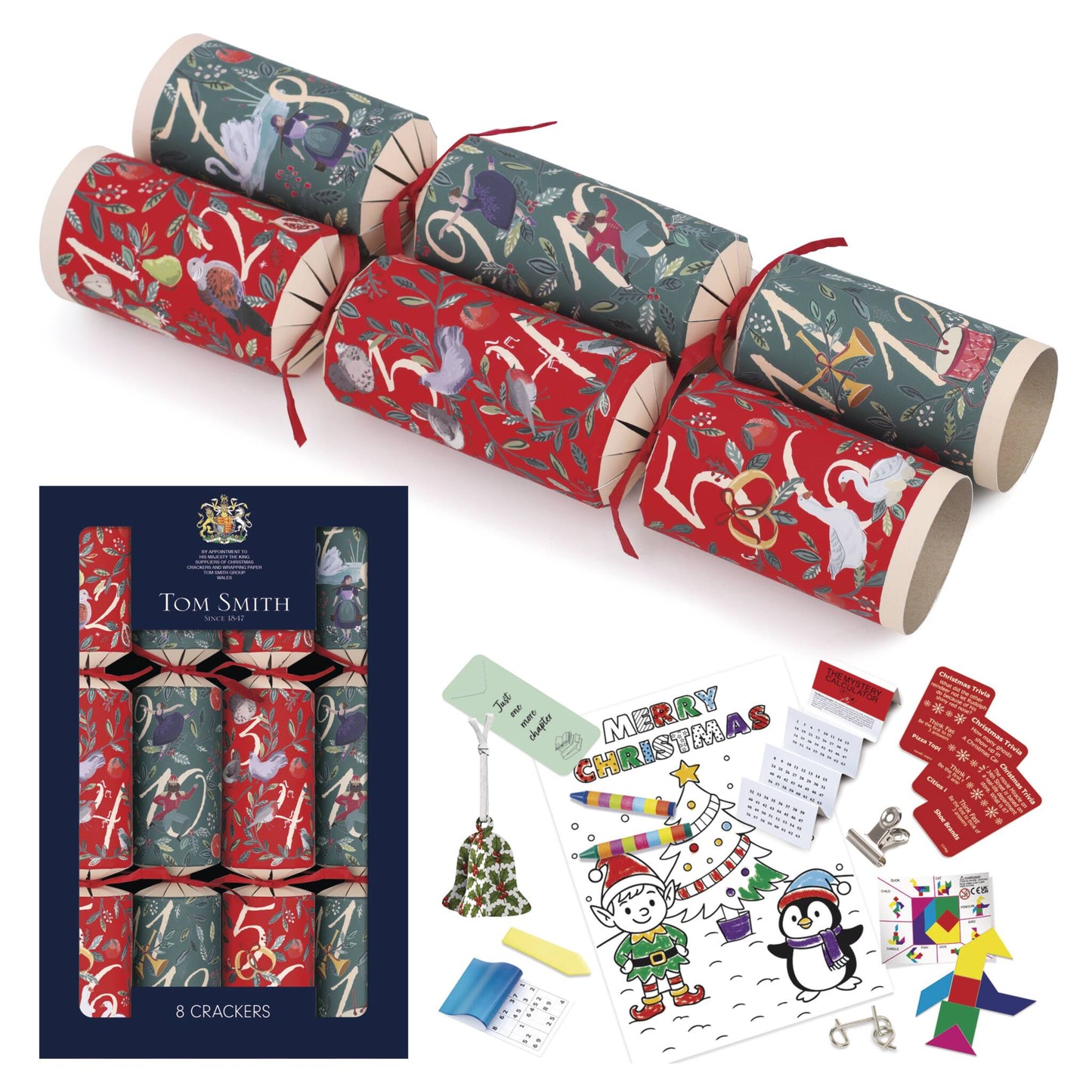 Pack of 8 12.5" 12 Days Family Christmas Dinner Crackers