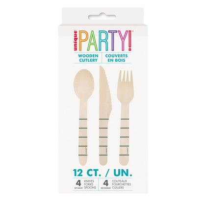Pack of 12 Botanical Stripe Disposable Wooden Cutlery Set