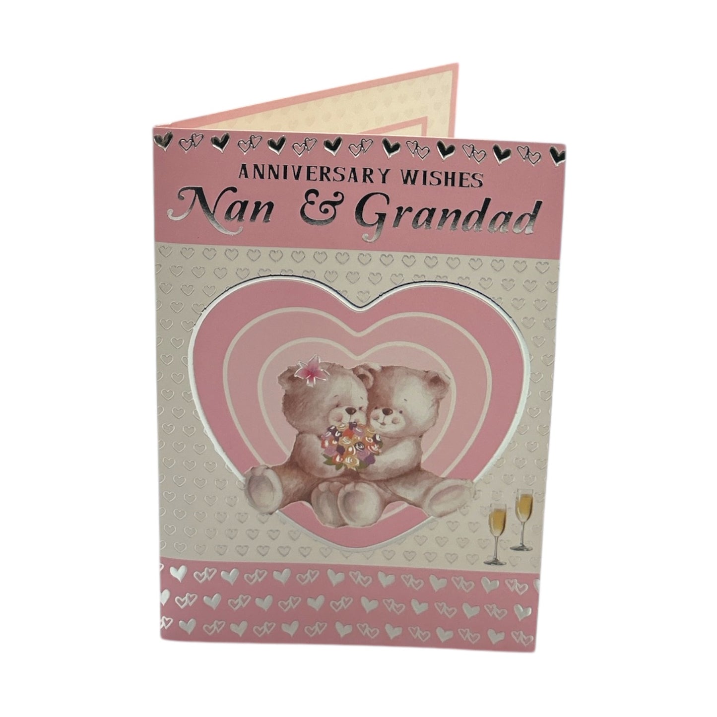 Nan & Grandad Cute Teddies In Pink Heart Anniversary Card