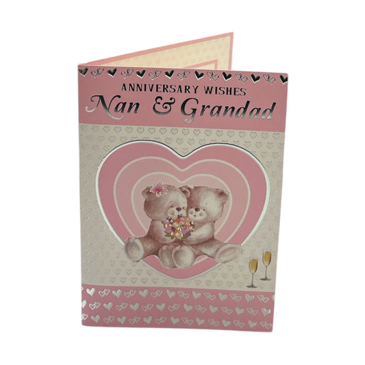 Nan & Grandad Cute Teddies In Pink Heart Anniversary Card