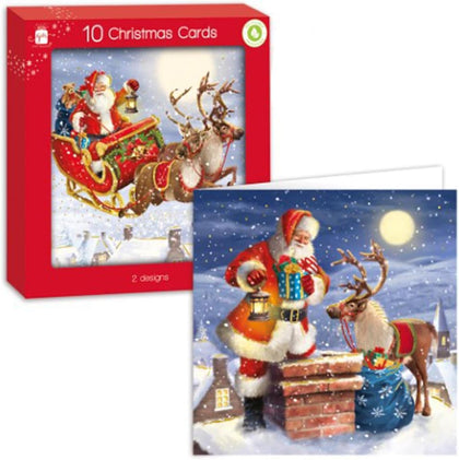Pack of 10 Traditional Santa and Sliegh Design Square Christmas Cards