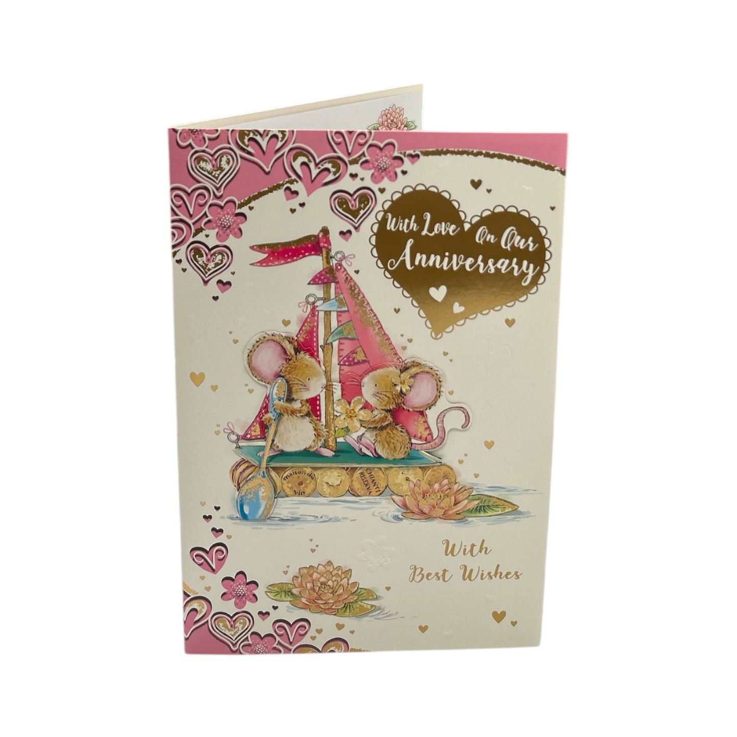 On Our Anniversary Yacht and Hearts Design Greeting Card