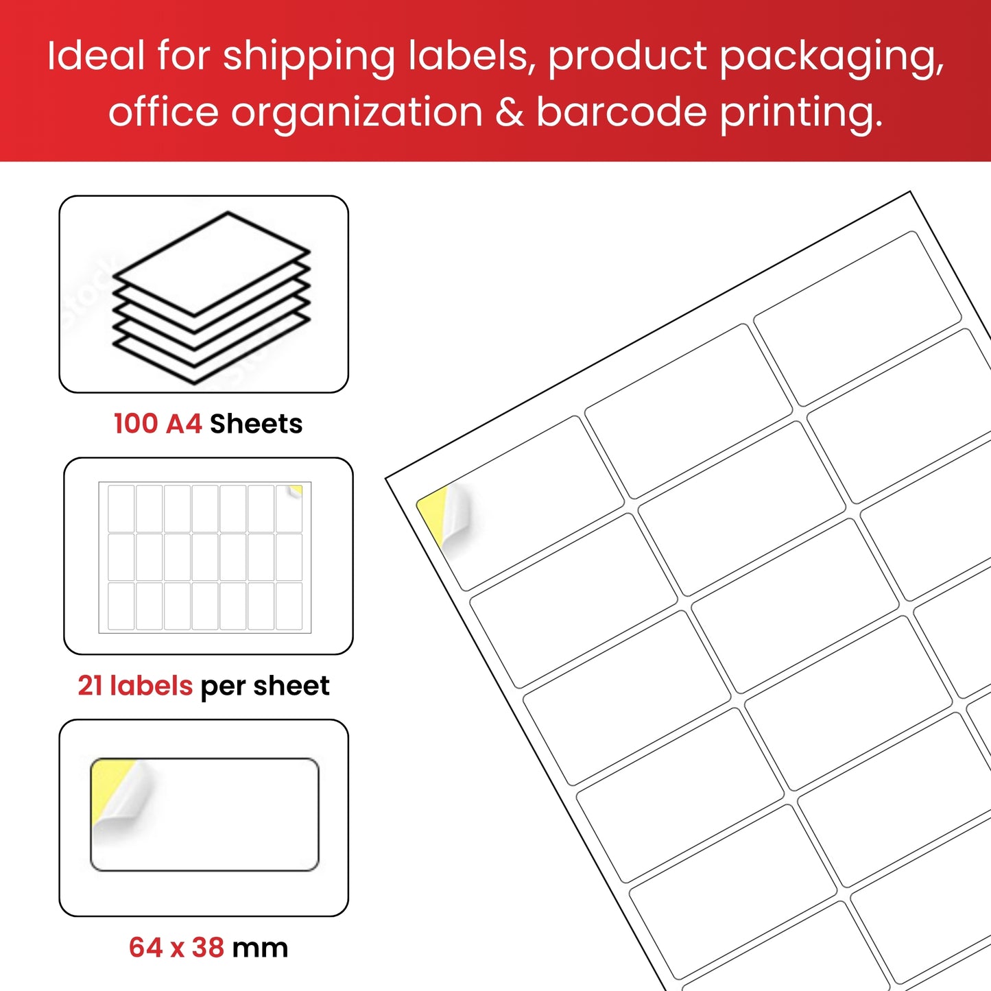 Pack of 2100 White 64x38mm Self Adhesive Labels (21 Labels per A4 Sheet)