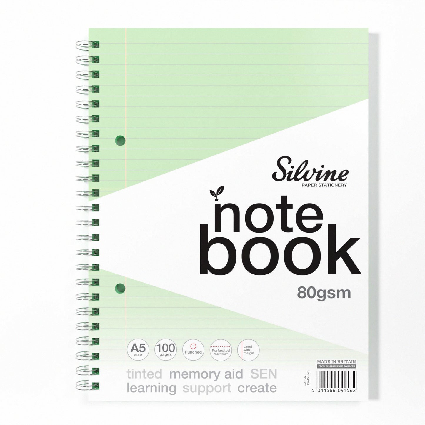 A5+ 100 Pages Twin Wire SEN Green Paper Dyslexia Notebook - Lined with Margin