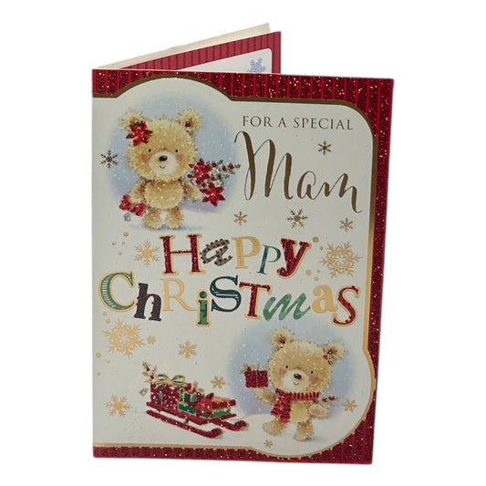 For a Special Mam Bear With Flowers and Gift Design Christmas Card