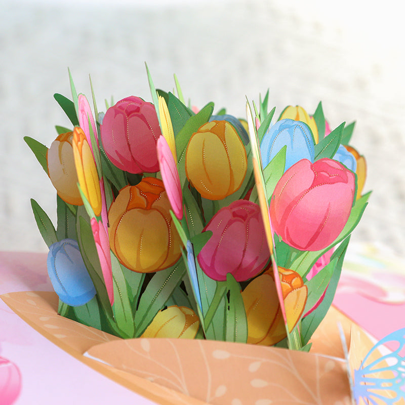 Tulips in Hand 3D Pop Up Greeting Card - Mother's Day Birthday Anniversary