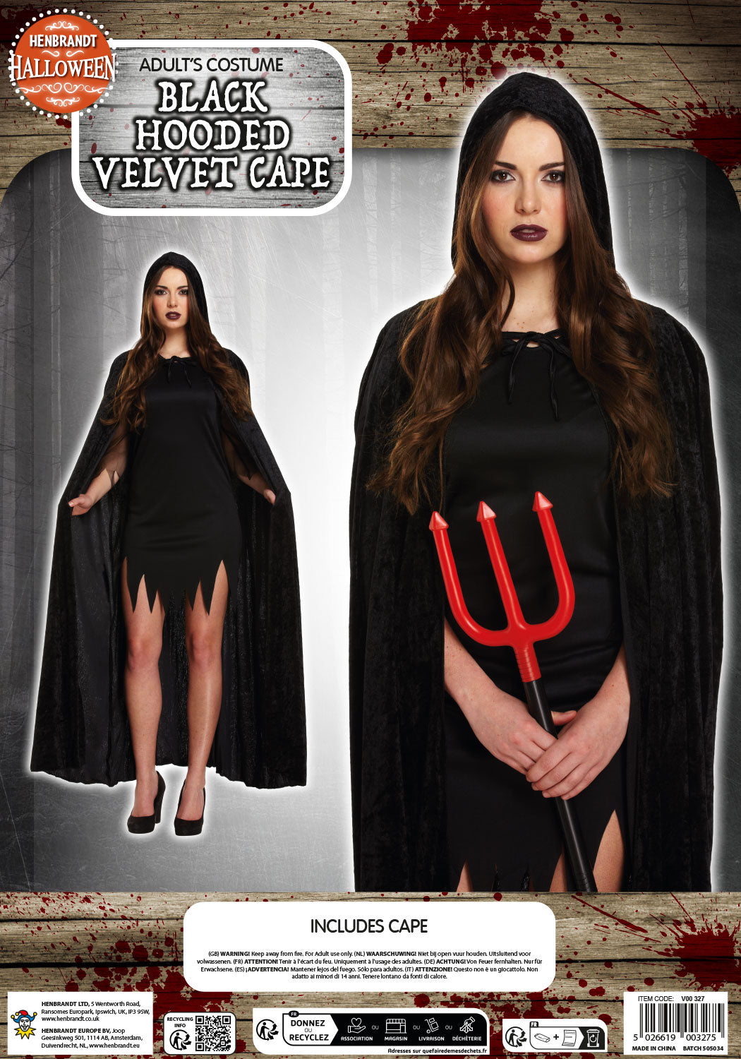 Adult Cape with Hood Black Velvet Fancy Dress Up Costume