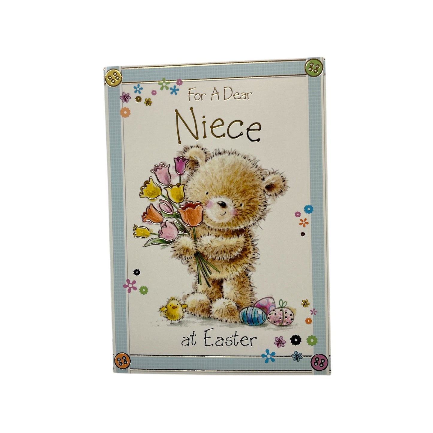 For A Dear Niece Cute Teddy & Bouquet Design Easter Card