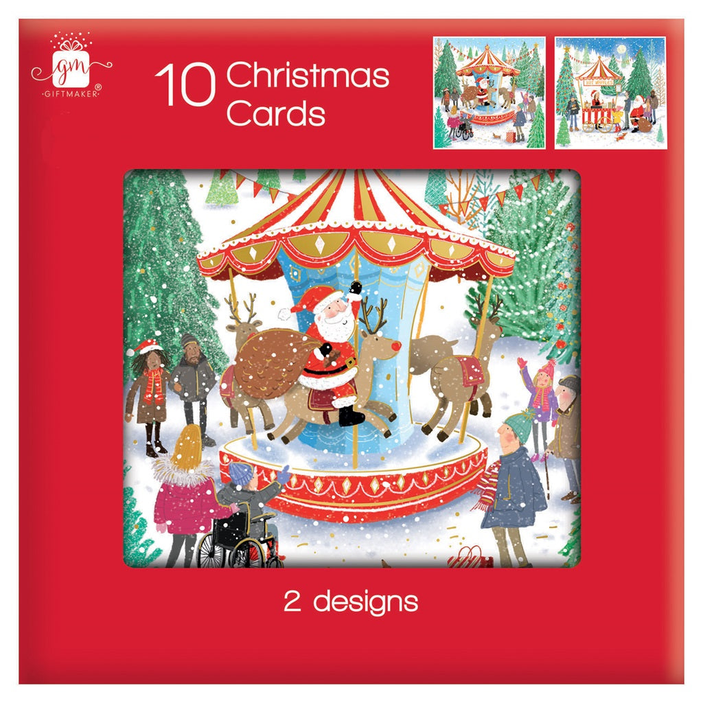 Pack of 10 Whimsical Market Design Square Christmas Cards With Envelopes