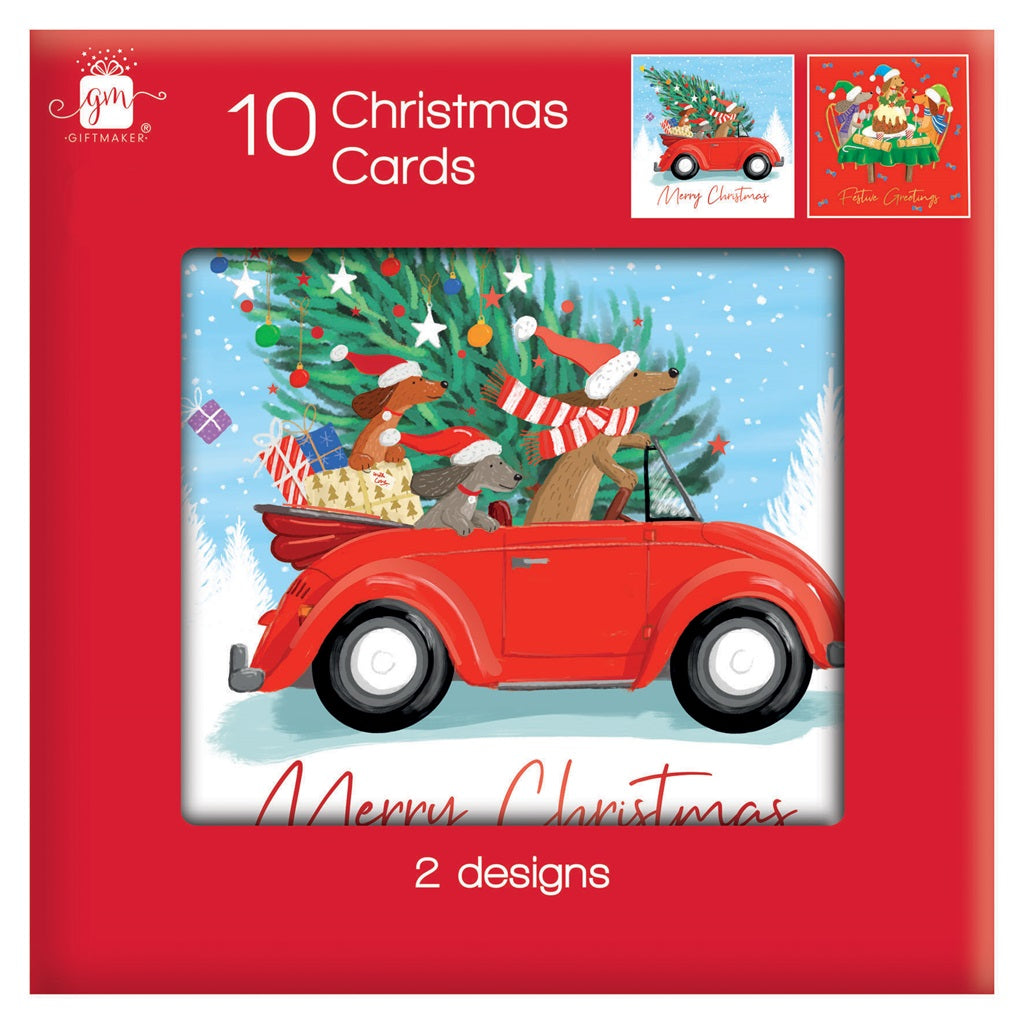 Pack of 10 Festive Canine Design Square Christmas Cards With Envelopes