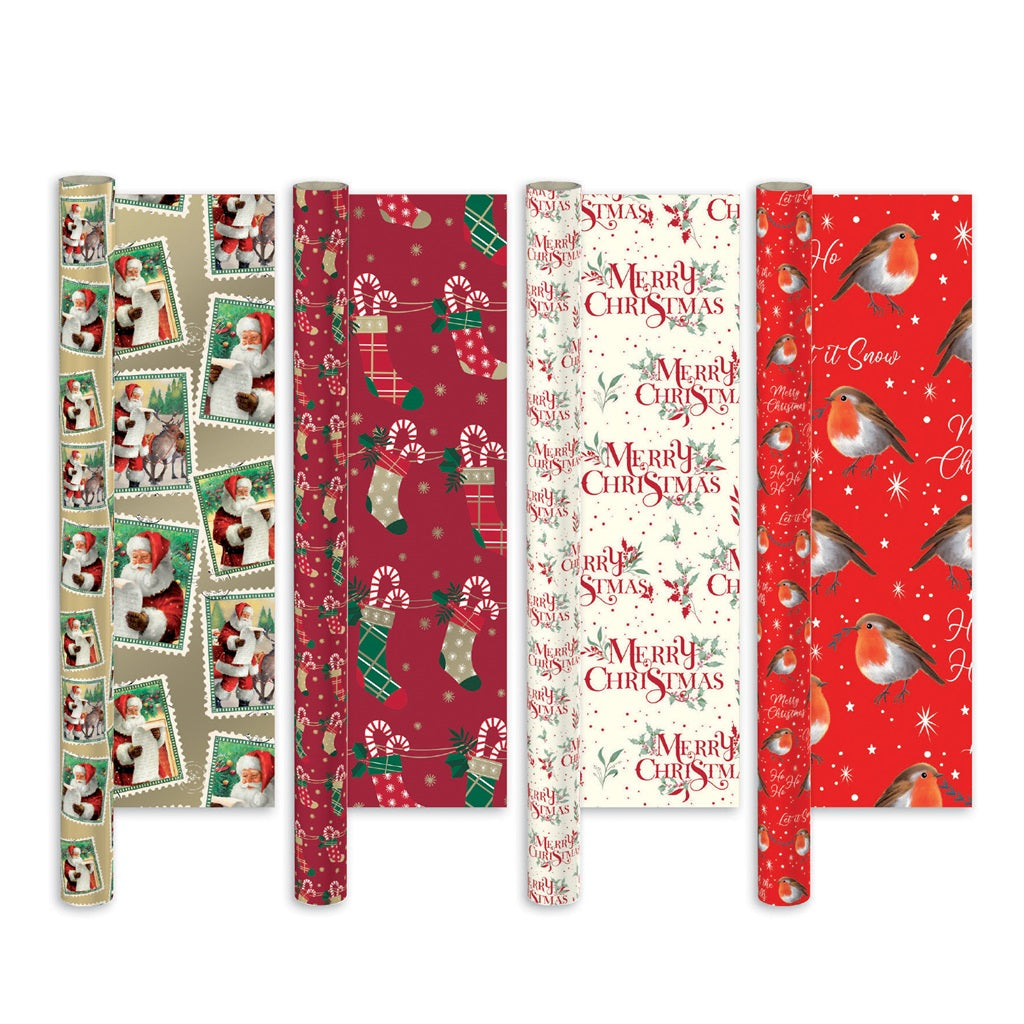 Pack of 4 Vintage Santa Claus Christmas Wrapping Paper Rolls 7m x 69cm